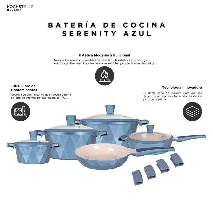 KOCHSTELLE Batería de Cocina Serenity Color Azul Antiadherente de 13 piezas