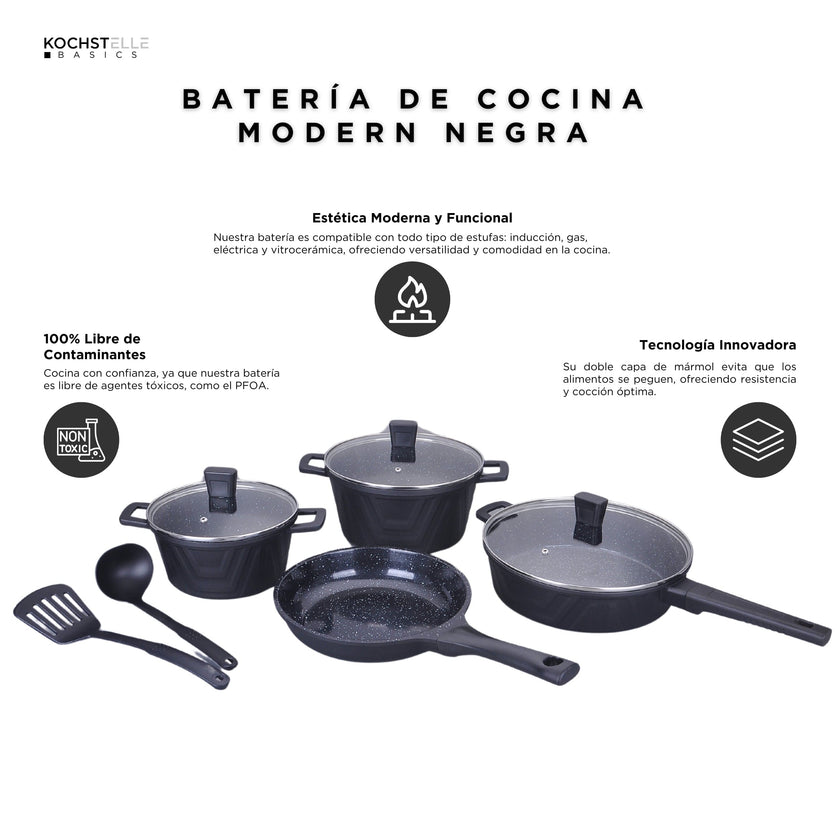 KOCHSTELLE Batería de Cocina Modern Color Negro Antiadherente de 13 piezas