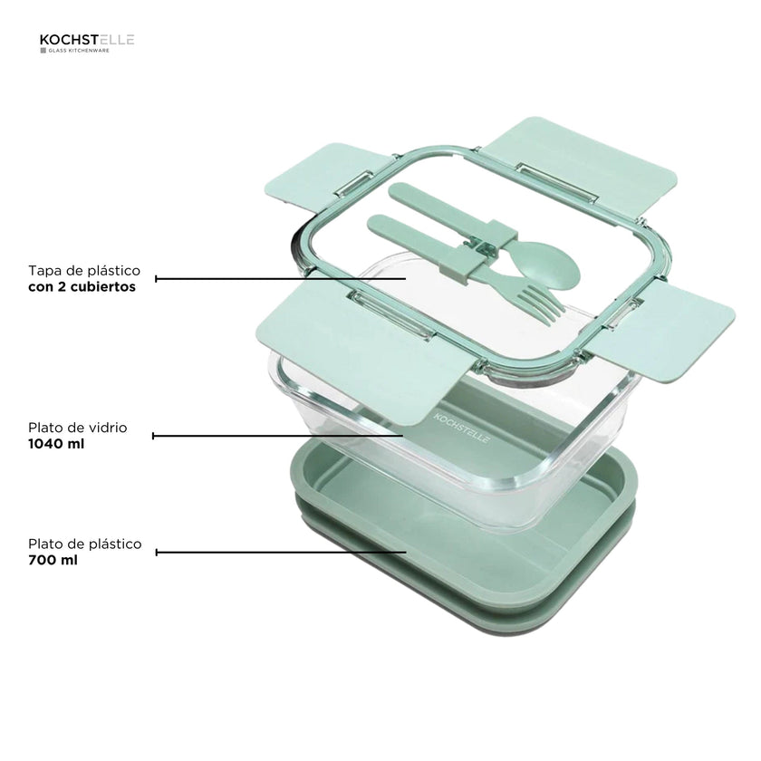 KOCHSTELLE Contenedor de Comida, Cristal y Plástico, Tapa con Cubiertos Color Verde 5 piezas
