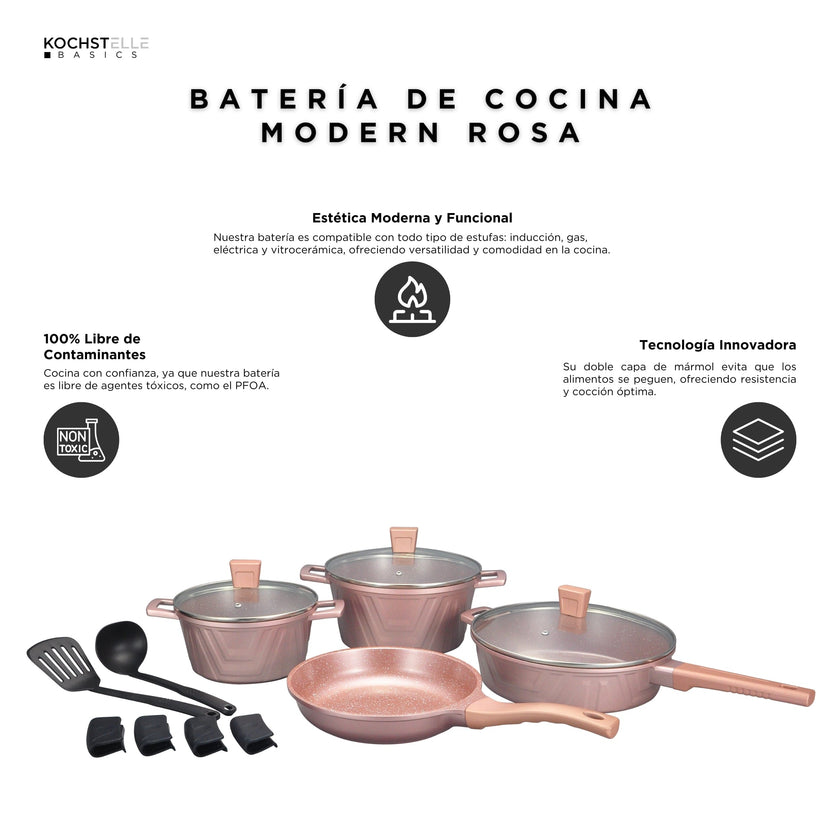 KOCHSTELLE Batería de Cocina Modern Color Rosa Antiadherente de 13 piezas