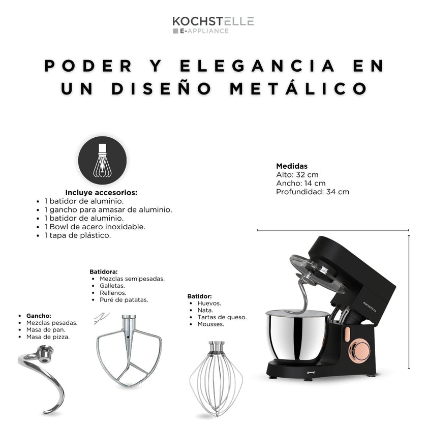 KOCHSTELLE Batidora de pedestal con cuerpo de metal Negra, 800 W  con 6 velocidades ajustables más pulso.