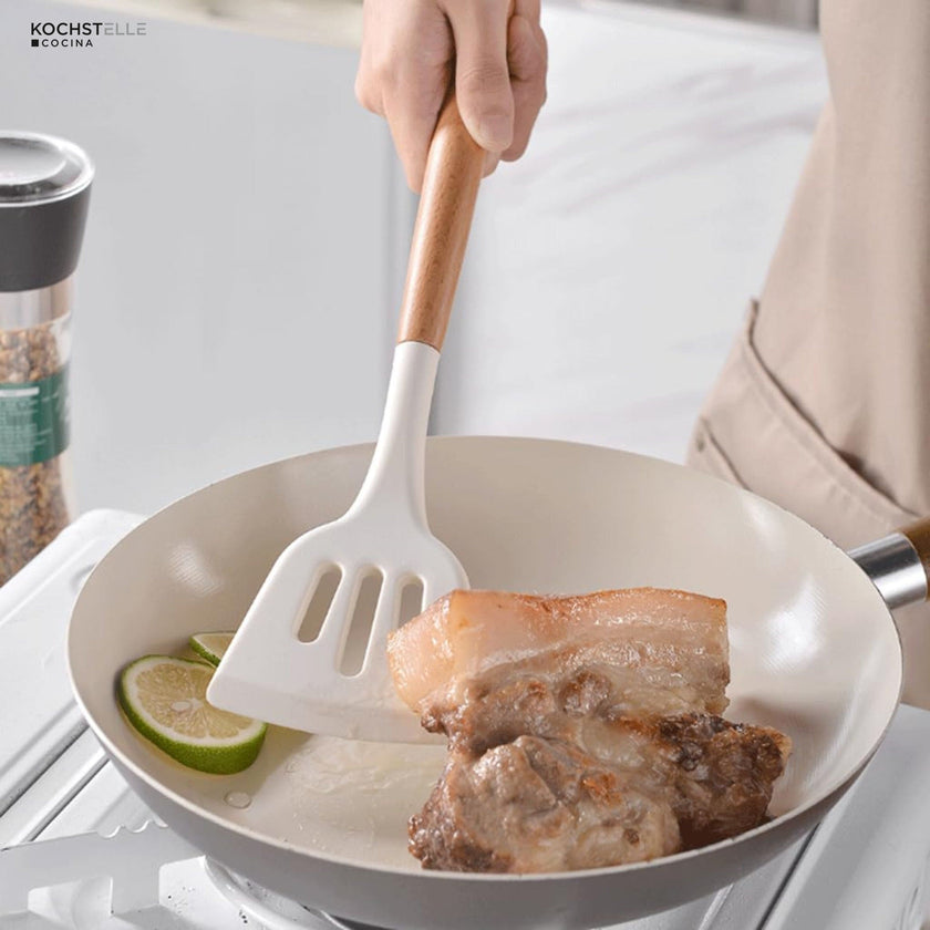 KOCHSTELLE Juego de Utensilios de Cocina Color Blanco, Silicón con Madera 12 piezas