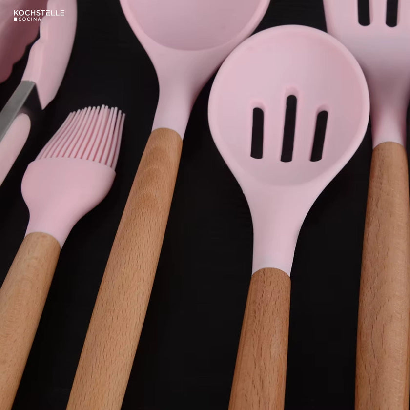 KOCHSTELLE Juego de Utensilios de Cocina Color Rosa, Silicón con Madera 12 piezas