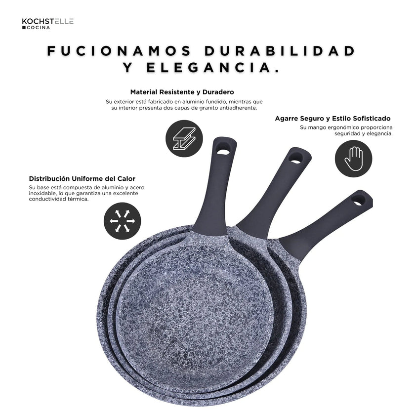 KOCHSTELLE Set de Sartenes de Granito Color Negro Antiadherente de 3 piezas