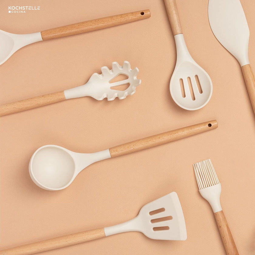 KOCHSTELLE Juego de Utensilios de Cocina Color Blanco, Silicón con Madera 12 piezas