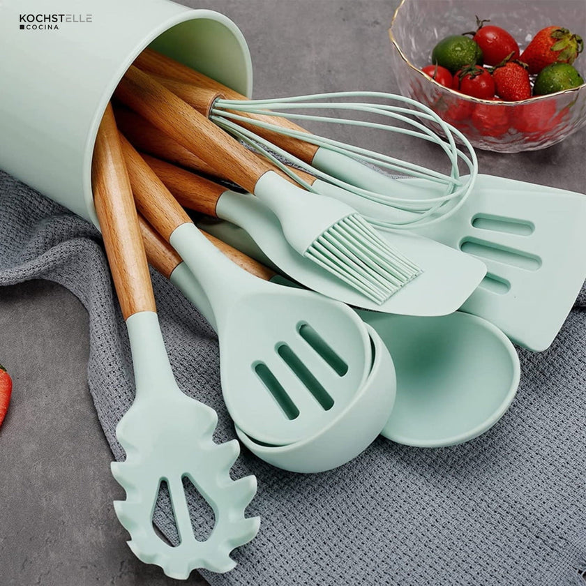 KOCHSTELLE Juego de Utensilios de Cocina Color Verde, Silicón con Madera 12 piezas