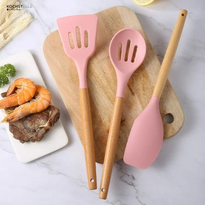 KOCHSTELLE Juego de Utensilios de Cocina Color Rosa, Silicón con Madera 12 piezas