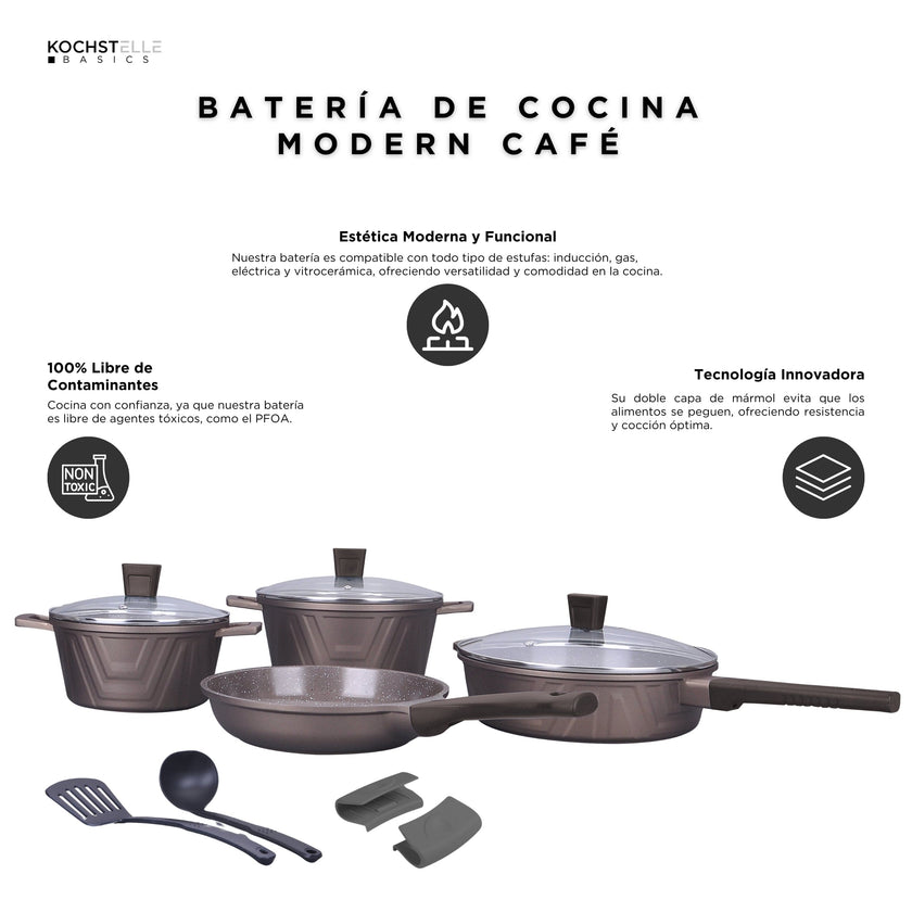 KOCHSTELLE Batería de Cocina Modern Color Café Antiadherente de 13 piezas