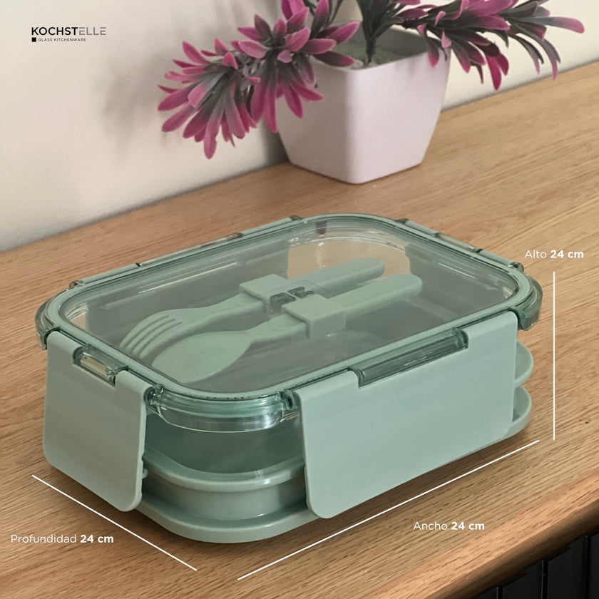 KOCHSTELLE Contenedor de Comida, Cristal y Plástico, Tapa con Cubiertos Color Verde 5 piezas