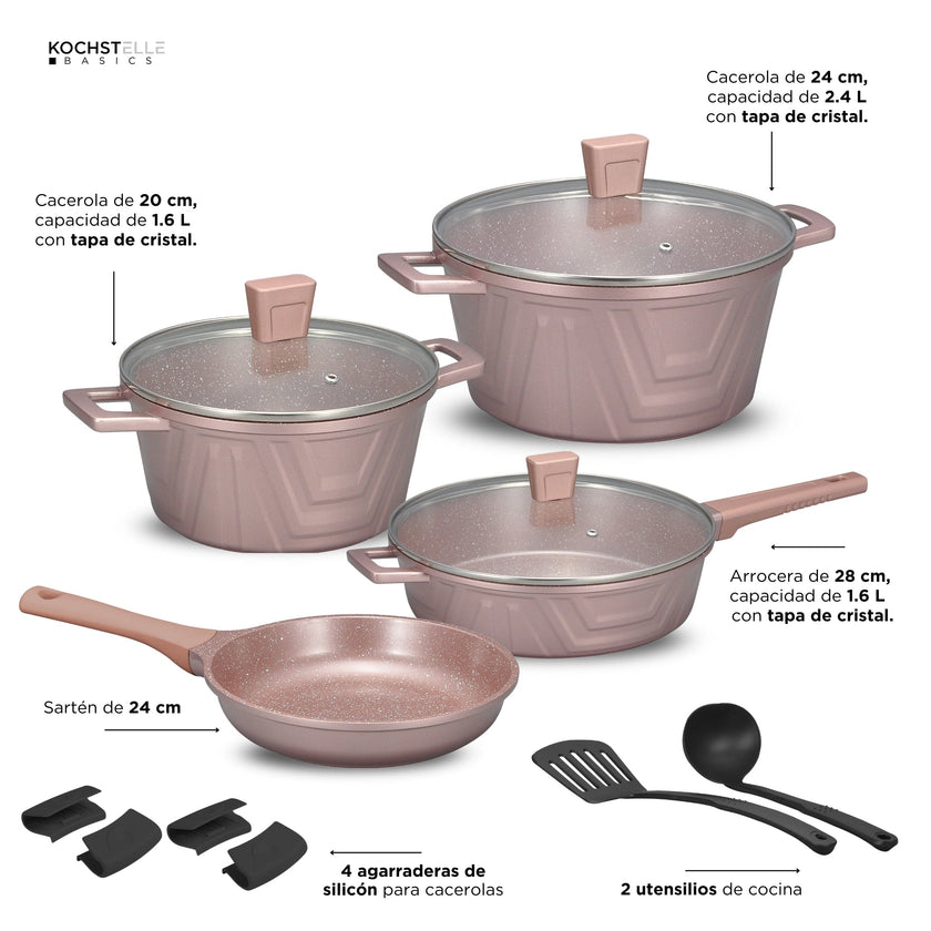 KOCHSTELLE Batería de Cocina Modern Color Rosa Antiadherente de 13 piezas