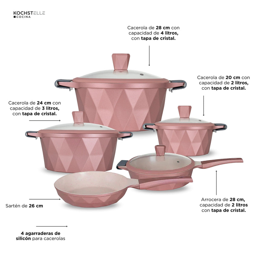 KOCHSTELLE Batería de Cocina Serenity Color Rosa Antiadherente de 13 piezas
