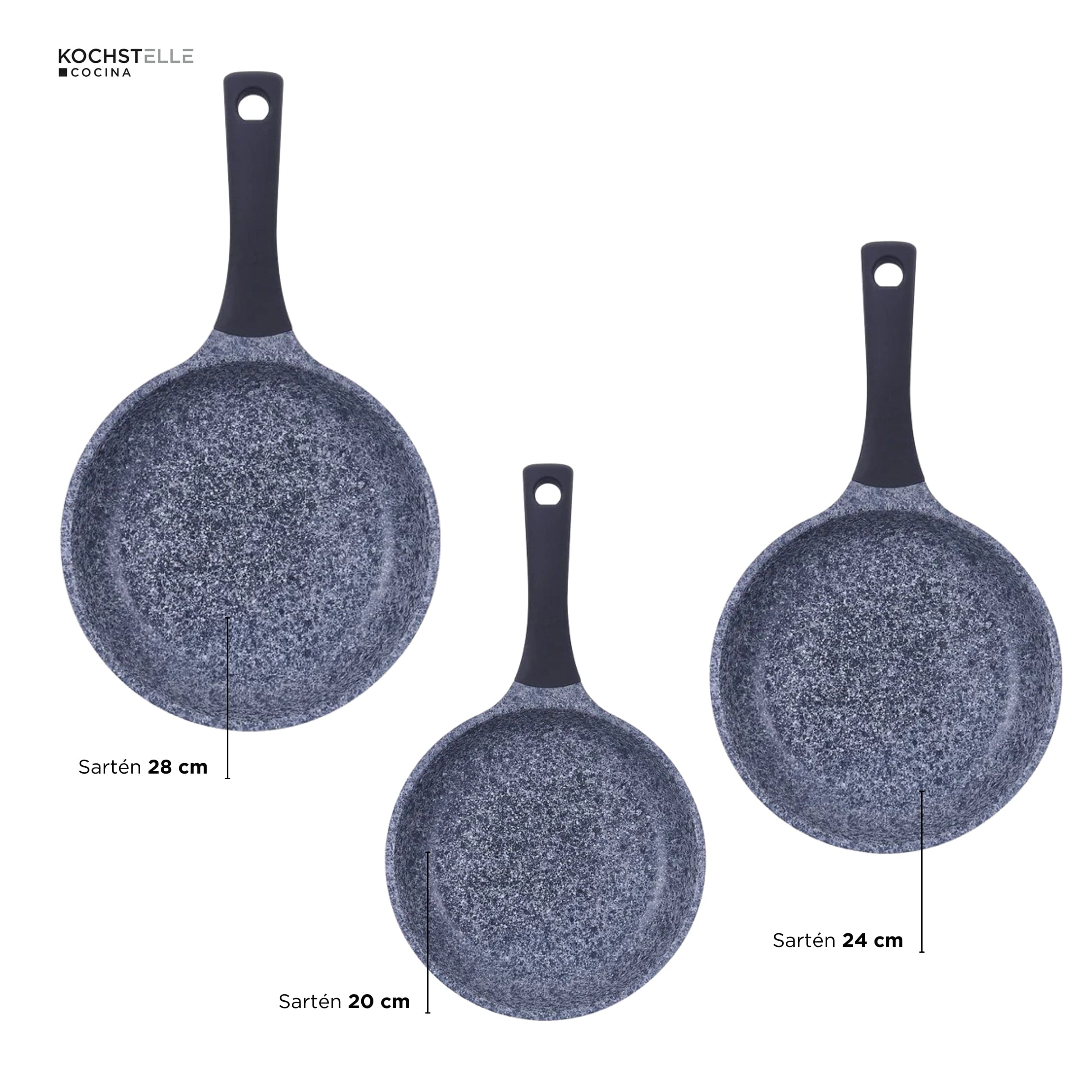 KOCHSTELLE Set de Sartenes de Granito Color Negro Antiadherente de 3 piezas