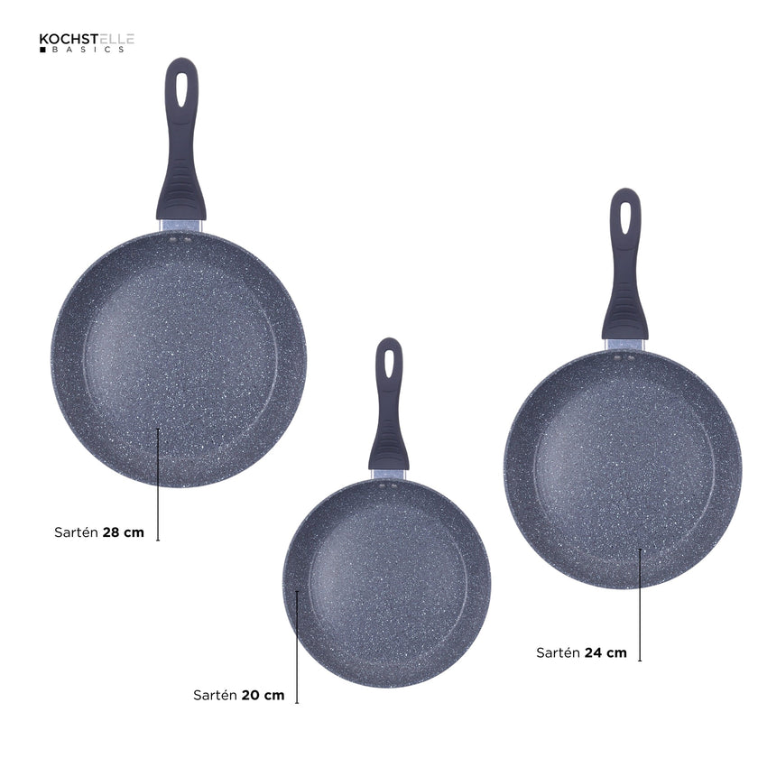 KOCHSTELLE Set de Sartenes de Mármol Color Negro Antiadherente de 3 piezas