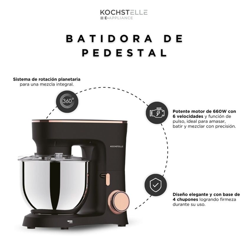 KOCHSTELLE Batidora de Pedestal Negra, 660 W  con 6 velocidades ajustables más pulso.