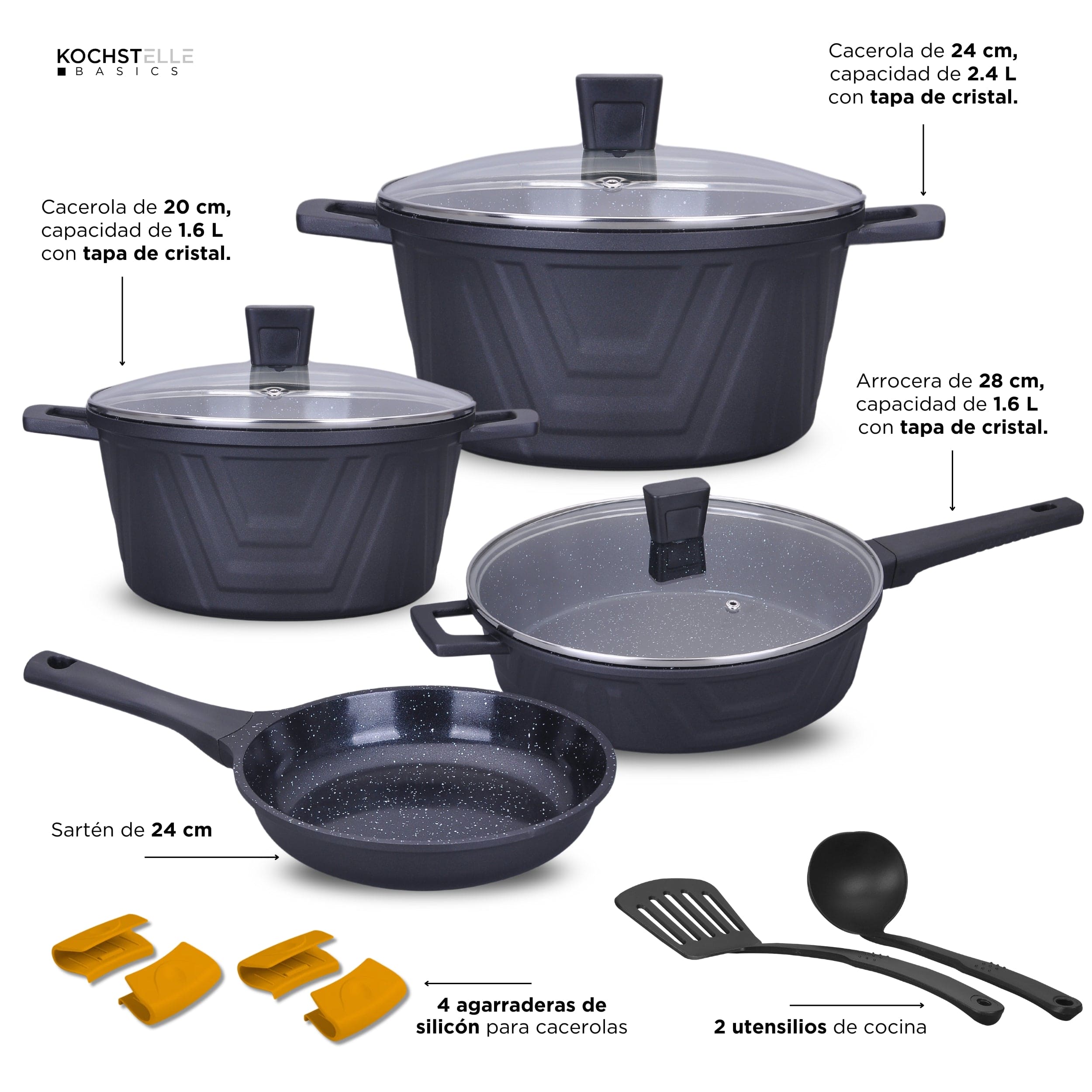 Batería De Cocina Hudson Black Antiadherente Inducción 5 Pzs Batería De Cocina Hudson Black Antiadherente Inducción 5 Pzs