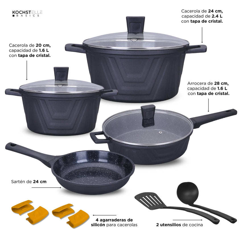 KOCHSTELLE Batería de Cocina Modern Color Negro Antiadherente de 13 piezas