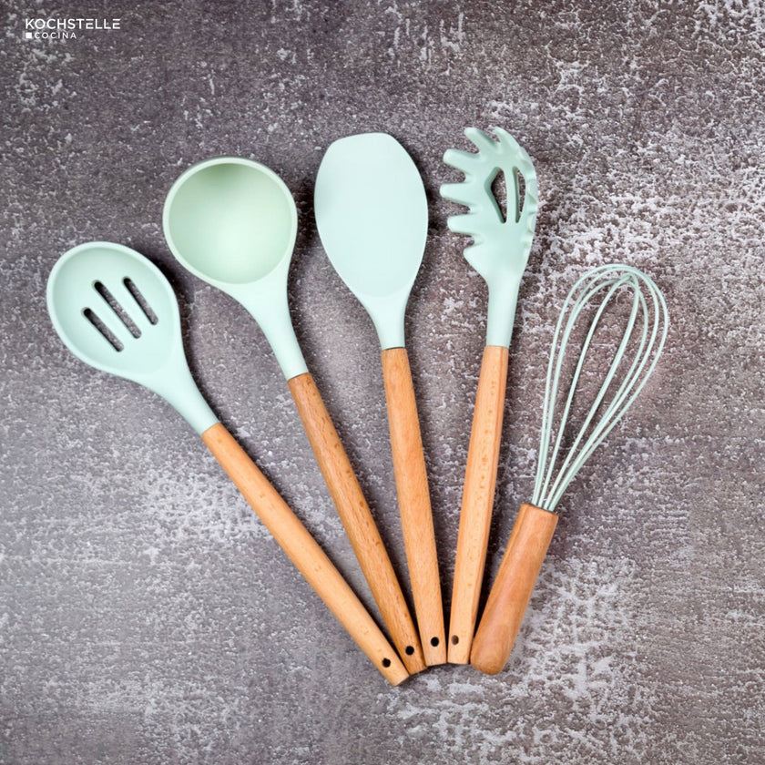 KOCHSTELLE Juego de Utensilios de Cocina Color Verde, Silicón con Madera 12 piezas