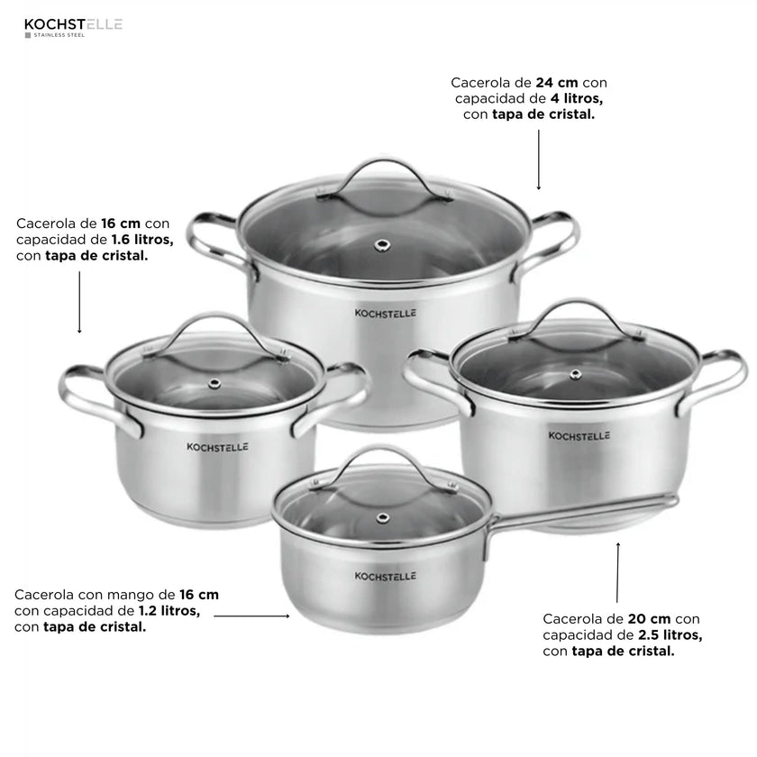 KOCHSTELLE Batería de Cocina de Acero Inoxidable Material de 18/10 de 8 piezas