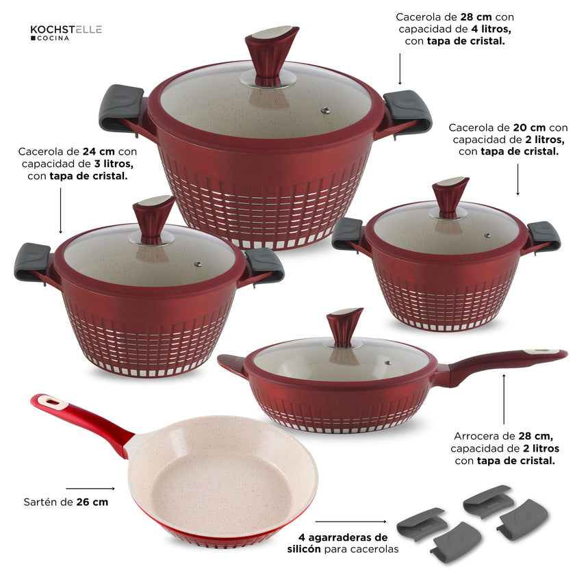 KOCHSTELLE Batería de Cocina Luxury Color Rojo Antiadherente de 13 piezas