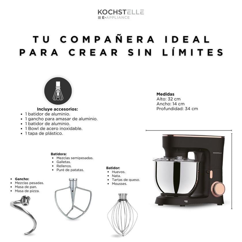 KOCHSTELLE Batidora de Pedestal Negra, 660 W  con 6 velocidades ajustables más pulso.