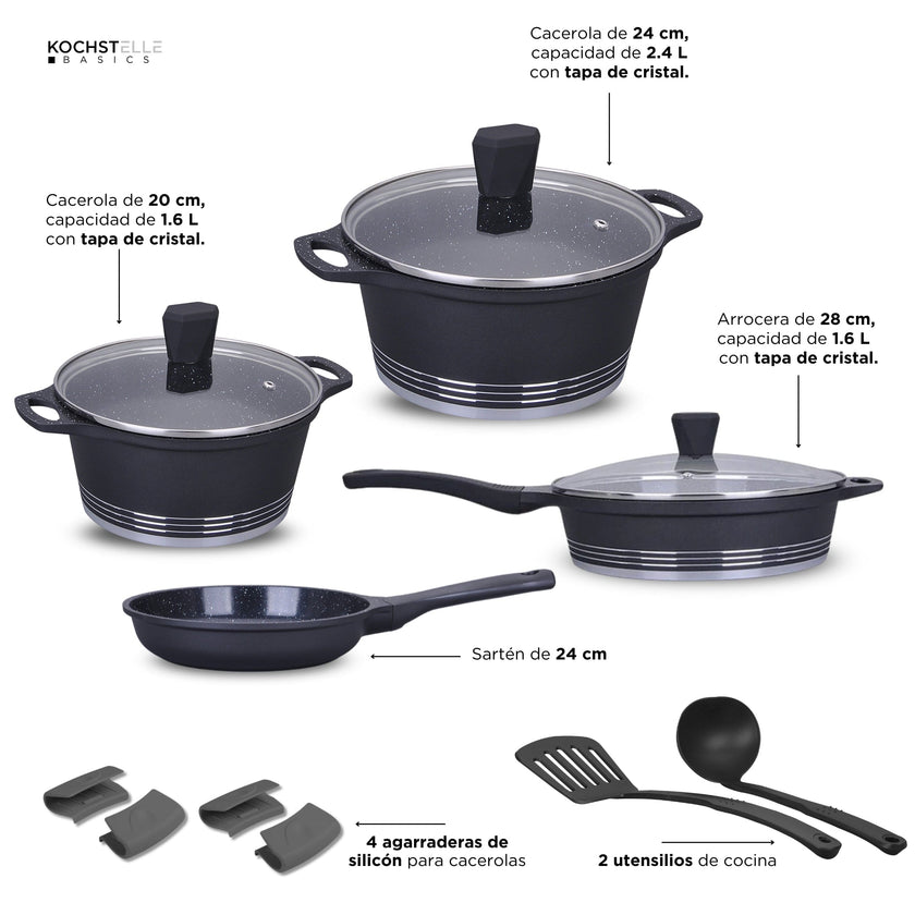 KOCHSTELLE Batería de Cocina Joys Color Negro Antiadherente de 13 piezas