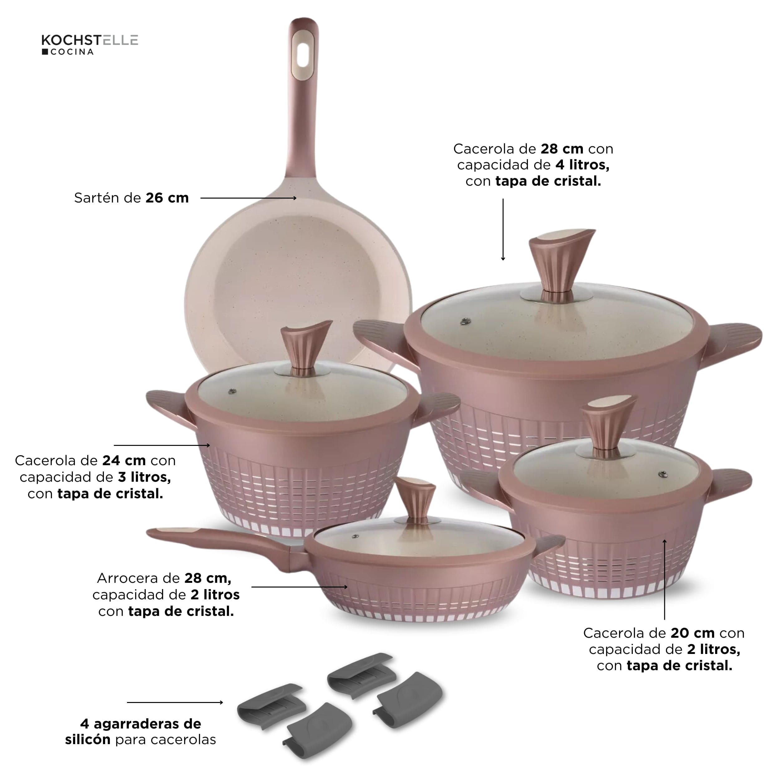 KOCHSTELLE Batería de Cocina Luxury Color Rosa Antiadherente de 13 piezas