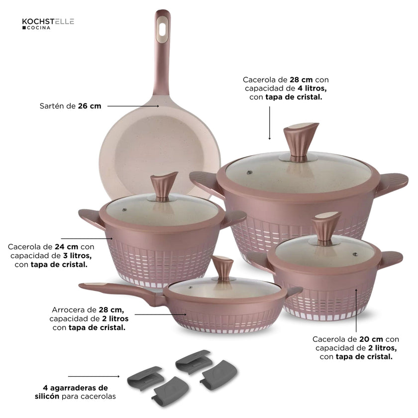 KOCHSTELLE Batería de Cocina Luxury Color Rosa Antiadherente de 13 piezas