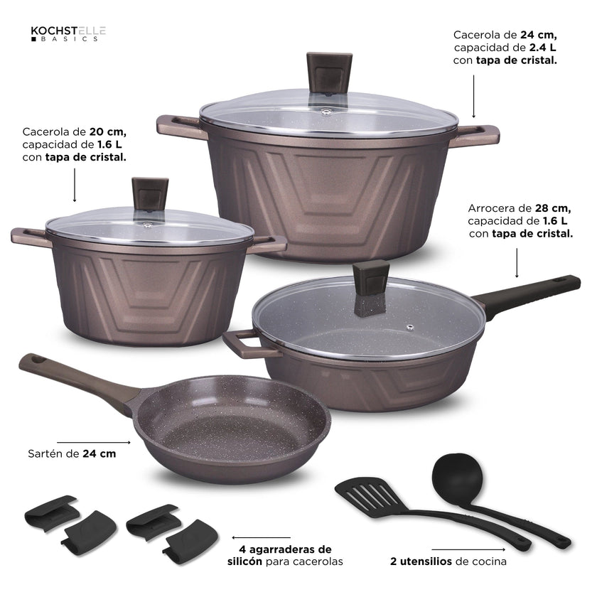 KOCHSTELLE Batería de Cocina Modern Color Café Antiadherente de 13 piezas