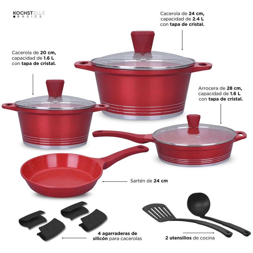 KOCHSTELLE Batería de Cocina Joys Color Rojo Antiadherente de 13 piezas