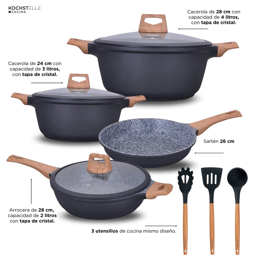 KOCHSTELLE Batería de Cocina Wood Color Negro Antiadherente de 10 piezas