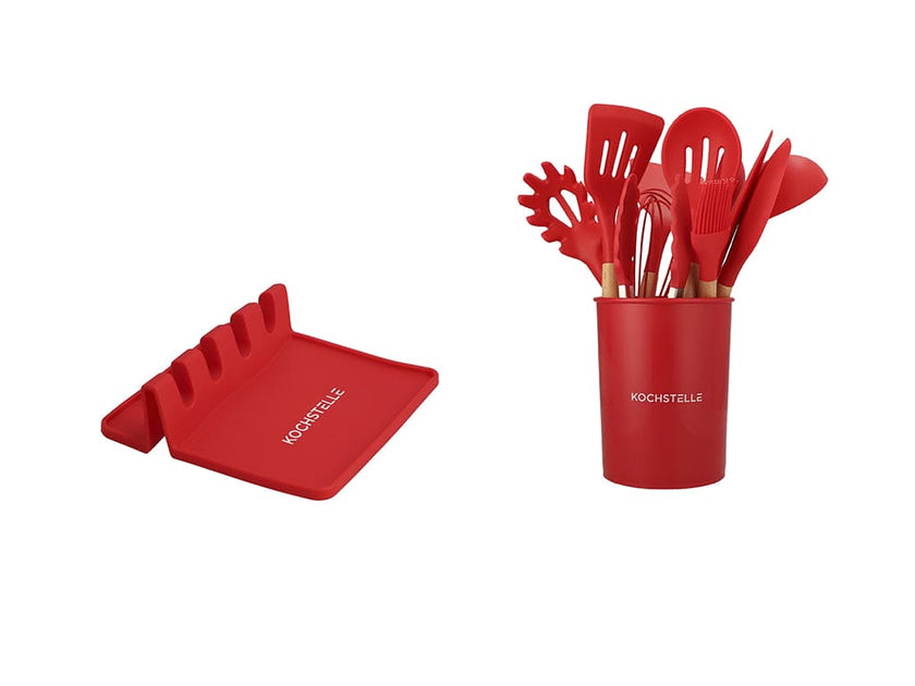COMBO ROUGE ★ Utensilios de cocina de silicón con soporte, color Rojo 12 pzas. + Pad Soporte de utensilios de cocina color rojo