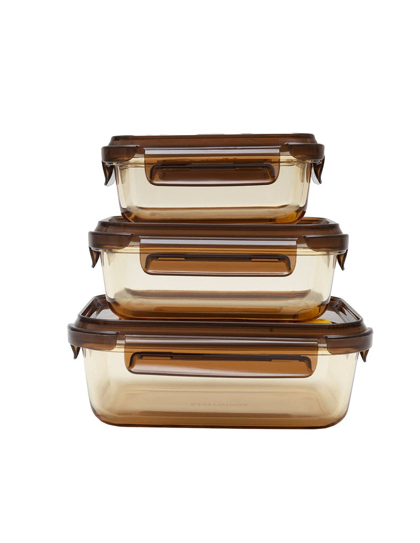 Set de 3 Contenedores Rectangulares Herméticos De Vidrio color ambar
