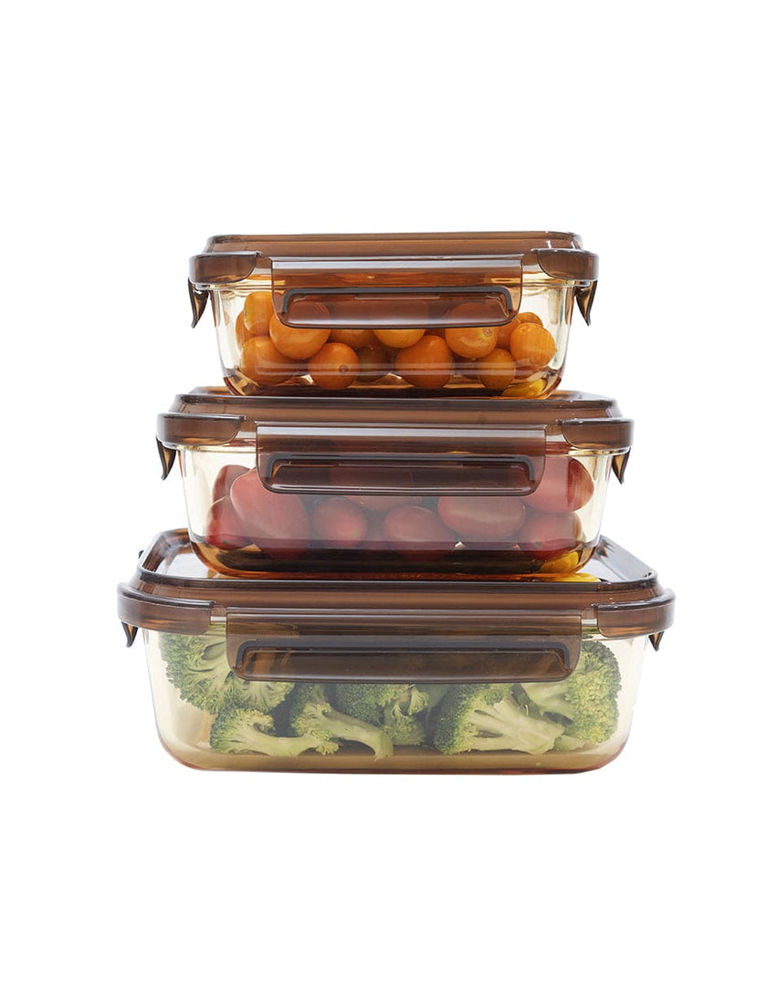 Set de 3 Contenedores Rectangulares Herméticos De Vidrio color ambar