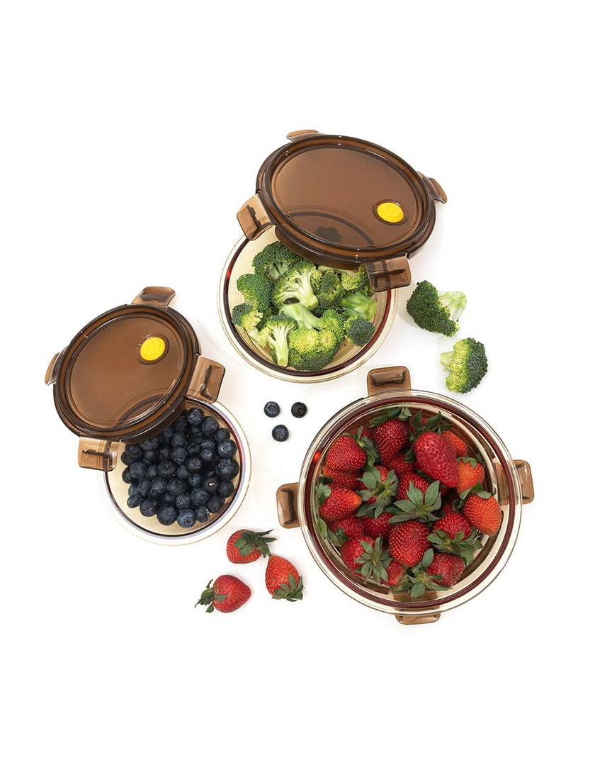 Set de 3 Contenedores Redondos Herméticos De Vidrio color ambar