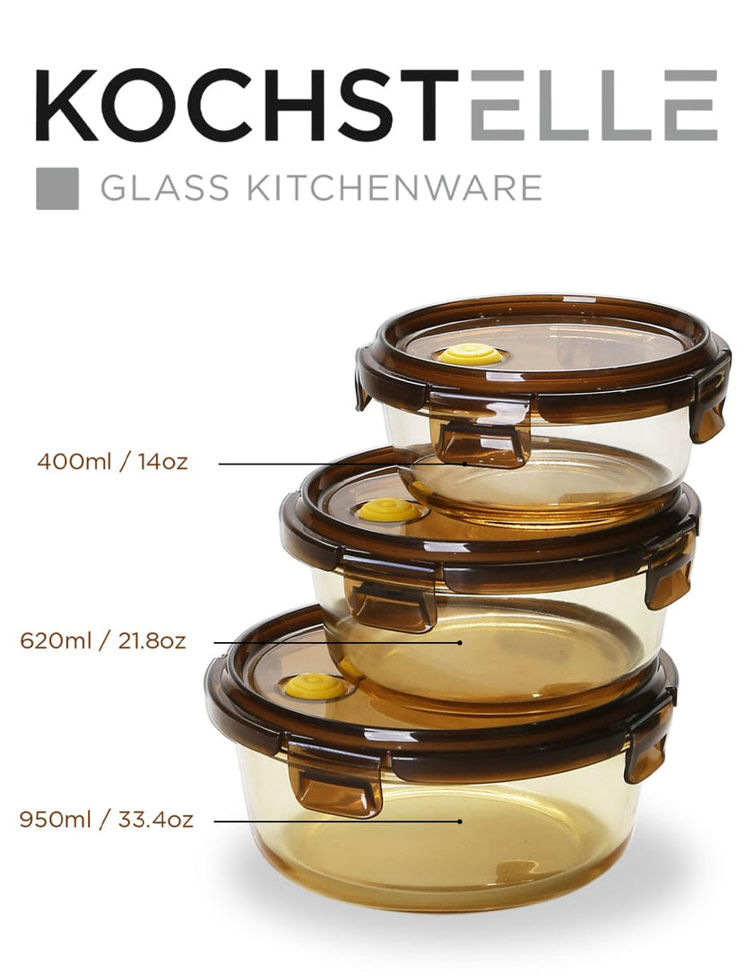 Set de 3 Contenedores Redondos Herméticos De Vidrio color ambar