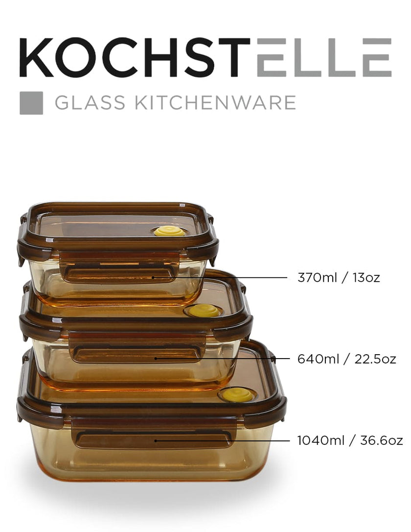 Set de 3 Contenedores Rectangulares Herméticos De Vidrio color ambar