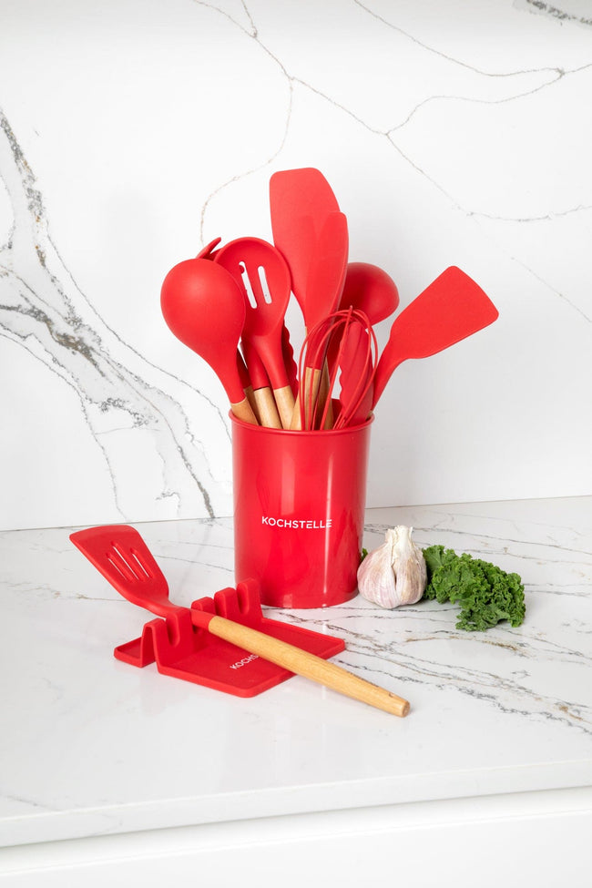 COMBO ROUGE ★ Utensilios de cocina de silicón con soporte, color Rojo 12 pzas. + Pad Soporte de utensilios de cocina color rojo