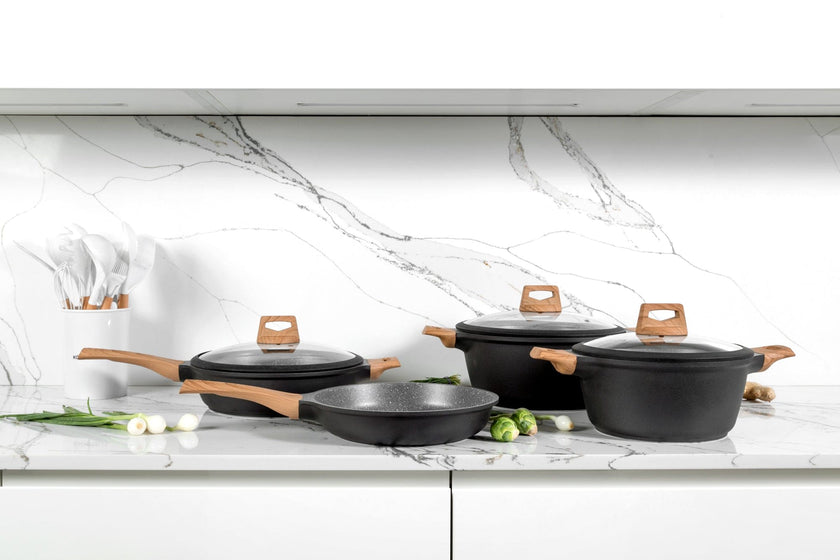 COMBO GREY★ Batería de cocina Wood con mármol antiadherente + juego de 3 palas 10 pzas.  + Utensilios de cocina de silicón con soporte, color Blanco 12 pzas. +  Pad Soporte de utensilios de cocina color Gris