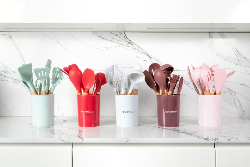 COMBO GREEN★ Utensilios de cocina de silicón con soporte, color Menta 12 pzas. + Pad Soporte de utensilios de cocina color menta