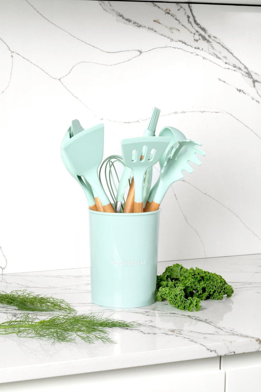 COMBO GREEN★ Utensilios de cocina de silicón con soporte, color Menta 12 pzas. + Pad Soporte de utensilios de cocina color menta