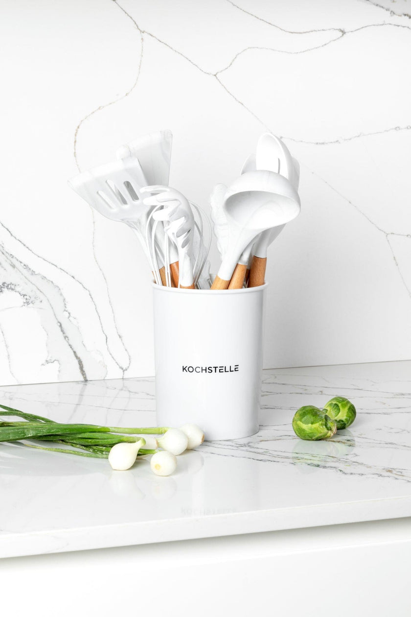 COMBO WOOD ★ Wood Sarten de Granito antiadherente 26 cm + Utensilios de cocina de silicón con soporte, color Blanco diseño mármol 12 piezas