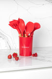 COMBO BAKE1★ Bandejas para hornear Antiadherente color Negro 4 piezas  + Utensilios de cocina de silicón con soporte, color Rojo 12 piezas.