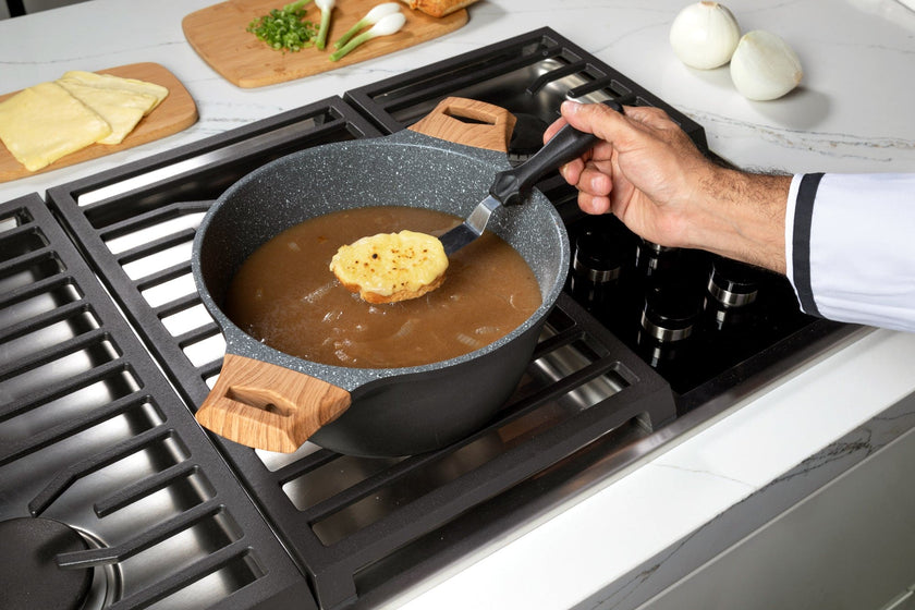 COMBO GREY★ Batería de cocina Wood con mármol antiadherente + juego de 3 palas 10 pzas.  + Utensilios de cocina de silicón con soporte, color Blanco 12 pzas. +  Pad Soporte de utensilios de cocina color Gris