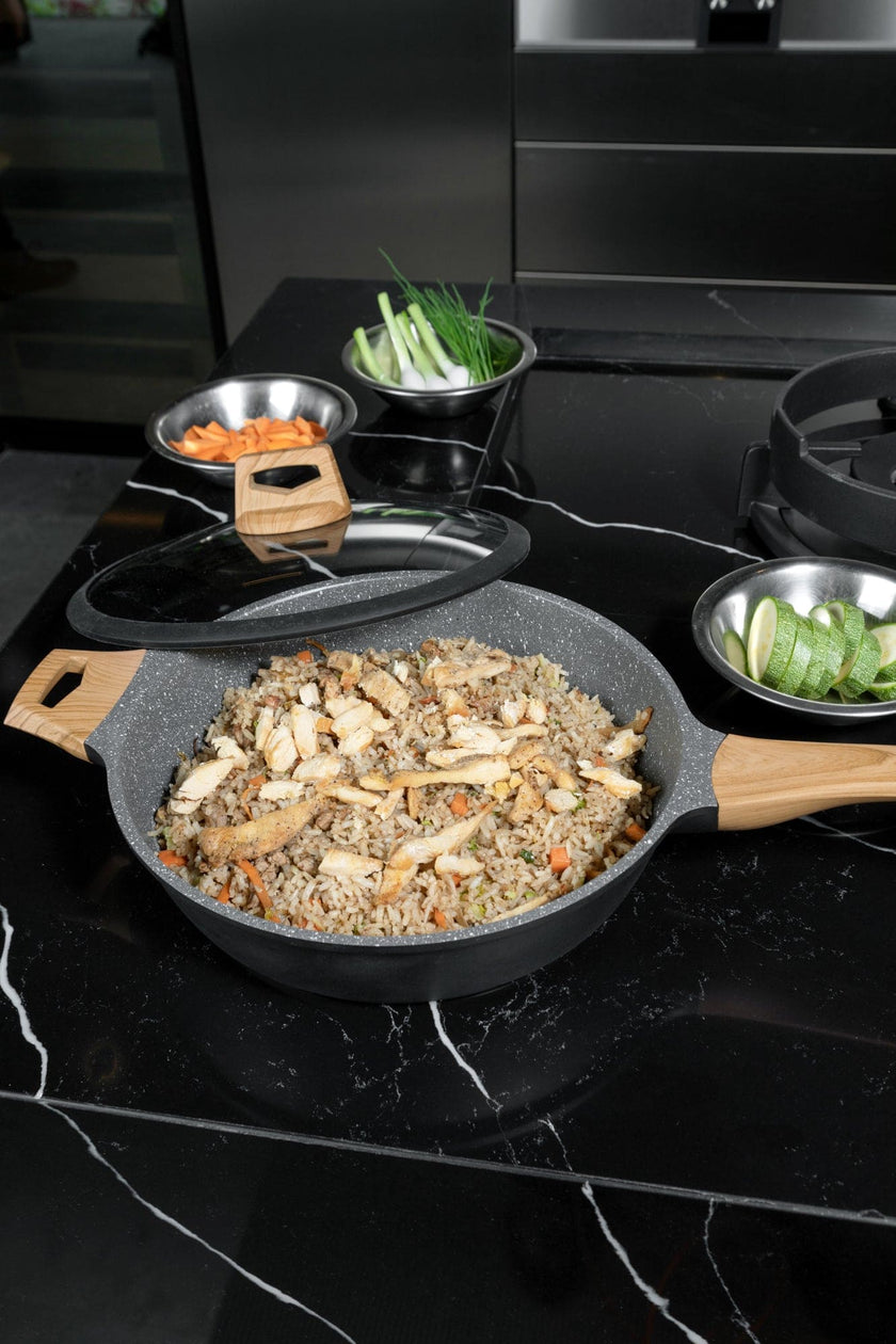 COMBO GREY★ Batería de cocina Wood con mármol antiadherente + juego de 3 palas 10 pzas.  + Utensilios de cocina de silicón con soporte, color Blanco 12 pzas. +  Pad Soporte de utensilios de cocina color Gris