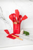 COMBO BAKE1★ Bandejas para hornear Antiadherente color Negro 4 piezas  + Utensilios de cocina de silicón con soporte, color Rojo 12 piezas.