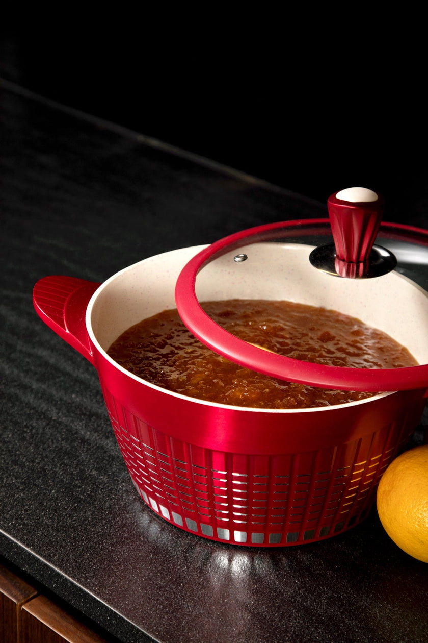 COMBO RED★  Batería de cocina Luxury Roja mármol 13 pzas. + Utensilios Rojos de cocina de silicón con soporte 12 pzas. + Pad Soporte de utensilios Rojo