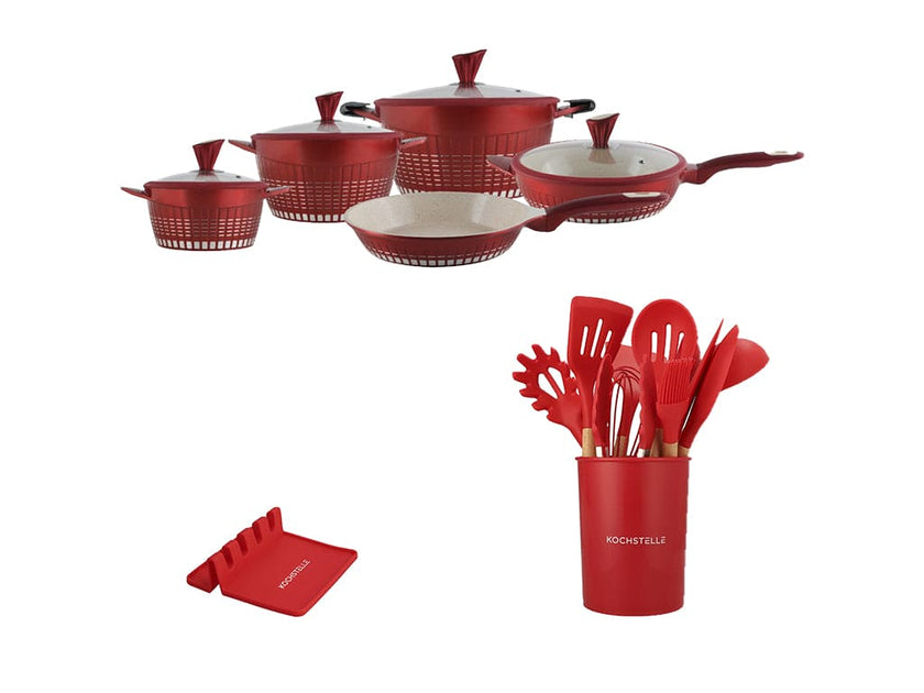 COMBO RED★  Batería de cocina Luxury Roja mármol 13 pzas. + Utensilios Rojos de cocina de silicón con soporte 12 pzas. + Pad Soporte de utensilios Rojo