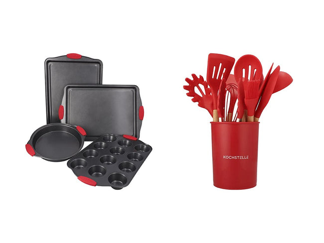 COMBO BAKE1★ Bandejas para hornear Antiadherente color Negro 4 piezas  + Utensilios de cocina de silicón con soporte, color Rojo 12 piezas.