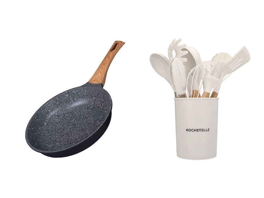 COMBO WOOD ★ Wood Sarten de Granito antiadherente 26 cm + Utensilios de cocina de silicón con soporte, color Blanco diseño mármol 12 piezas
