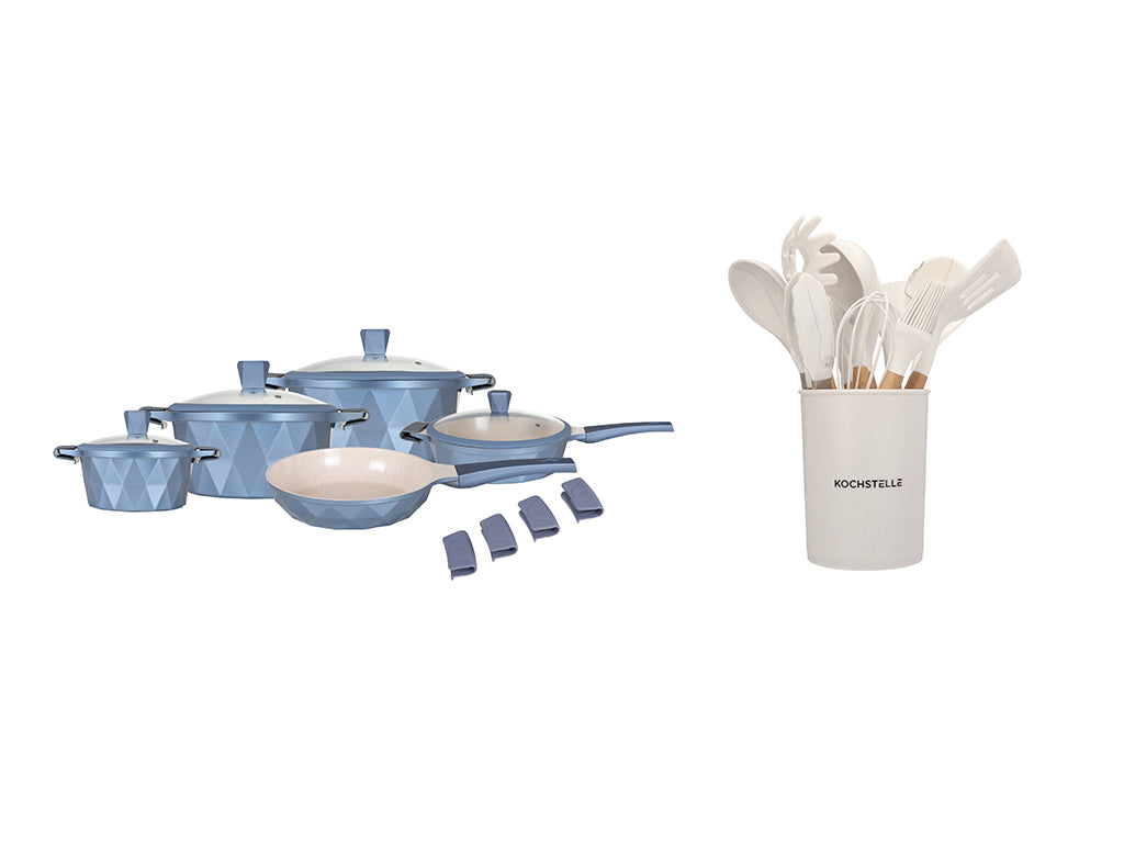 COMBO ★  Batería de cocina Serenity Azul con mármol antiadherente 13 piezas + Utensilios de cocina de silicon con soporte, color Blanco diseño mármol 12 piezas.